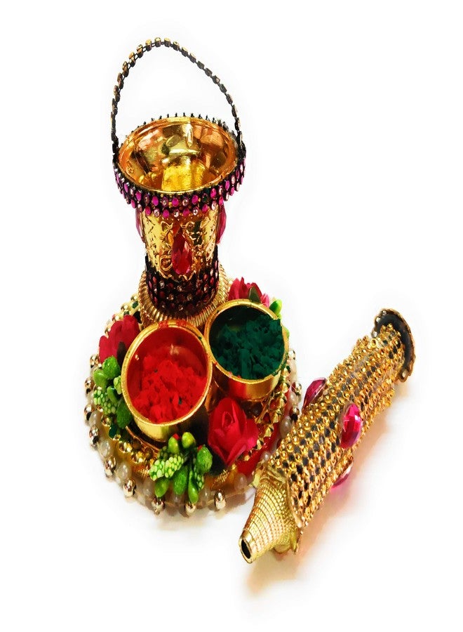 Sau Rang Laddu Gopal Decorated Plate for Holi with Balti Pichkari and 2 Empty Bowls for gulal in a Gift Box Holi Gift - Image 3